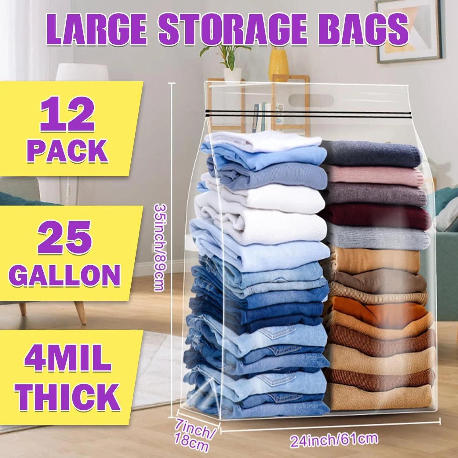 25 Gallon Extra Large Storage Bags 35x 24Resealable Clear Bags with Handle 4 Mil Thick Heavy Duty Big Bag for Clothes Pillow Travel Moving,Bedding,Shoes and Toys Storage, Pack of 12