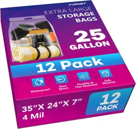 25 Gallon Extra Large Storage Bags 35x 24Resealable Clear Bags with Handle 4 Mil Thick Heavy Duty Big Bag for Clothes Pillow Travel Moving,Bedding,Shoes and Toys Storage, Pack of 12