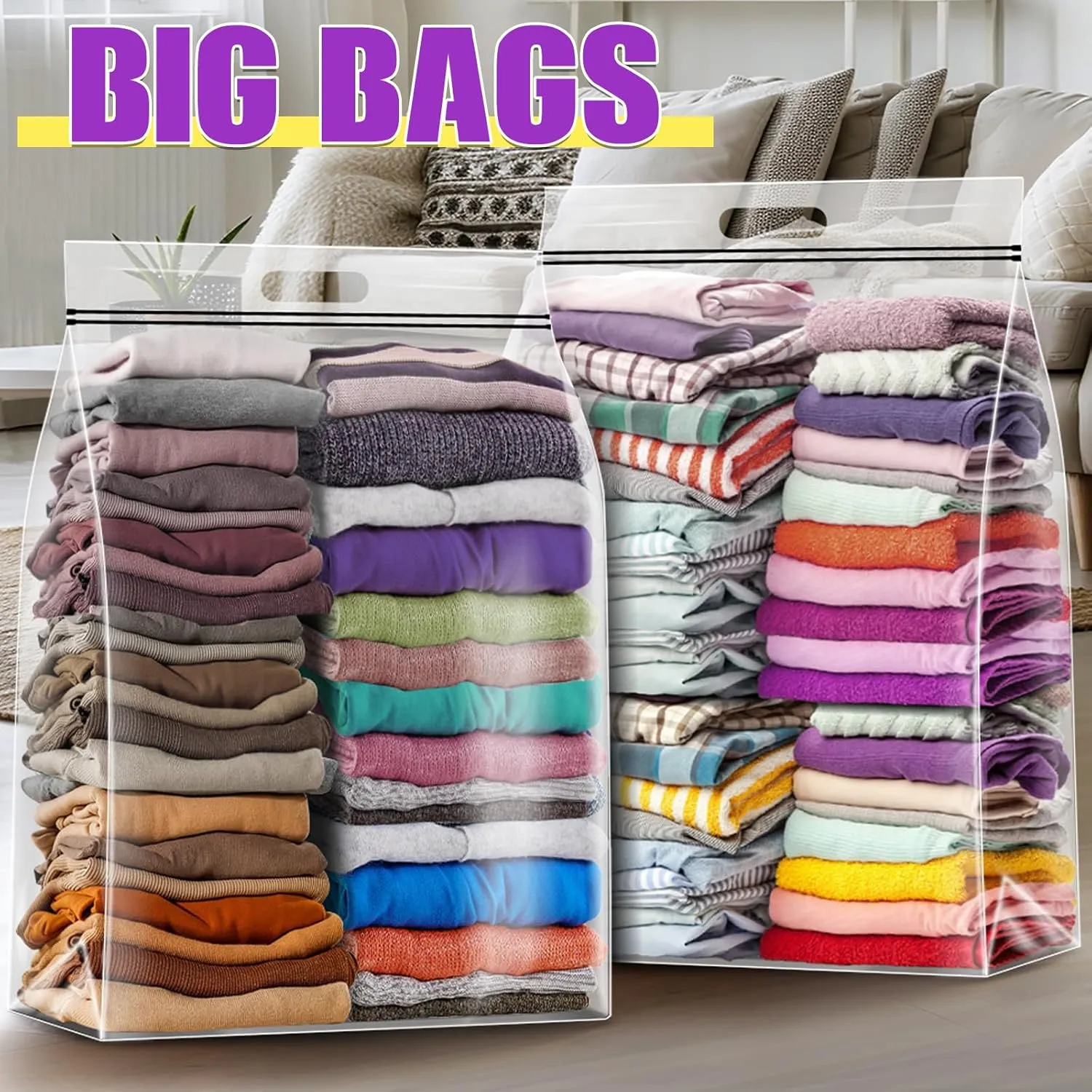 25 Gallon Extra Large Storage Bags 35x 24Resealable Clear Bags with Handle 4 Mil Thick Heavy Duty Big Bag for Clothes Pillow Travel Moving,Bedding,Shoes and Toys Storage, Pack of 12