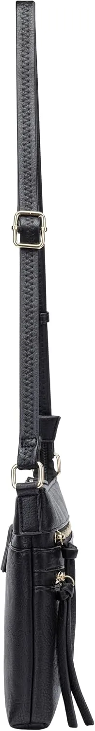 B BRENTANO Vegan Multi-Zipper Crossbody Handbag Purse with Tassel Accents