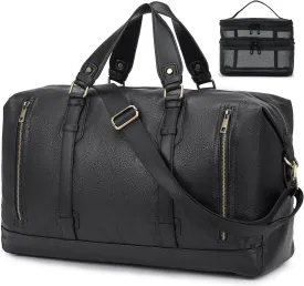 BAGZY PU Leather Travel Duffel Bag with Toiletry Dopp Kit Large Capacity Weekender Bag 25L Carry on Overnight Bag Sports Duffel Bag for Men or Women Black