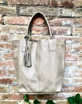 BEIGE tote leather shopper in GENUINE leather. Large carry all tote bag for your laptop, books. Leather shopper w/  lining   zipper