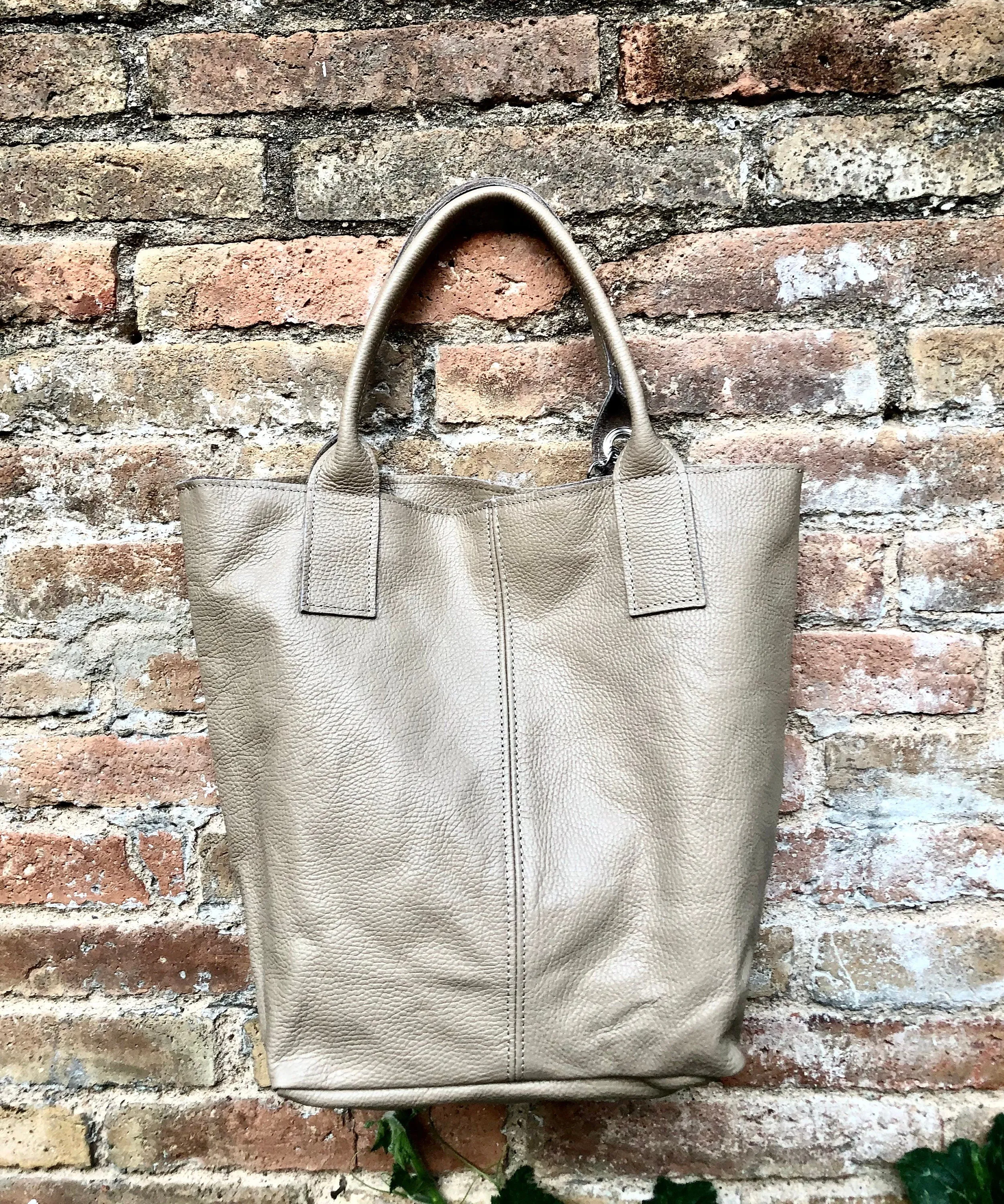 BEIGE tote leather shopper in GENUINE leather. Large carry all tote bag for your laptop, books. Leather shopper w/  lining   zipper