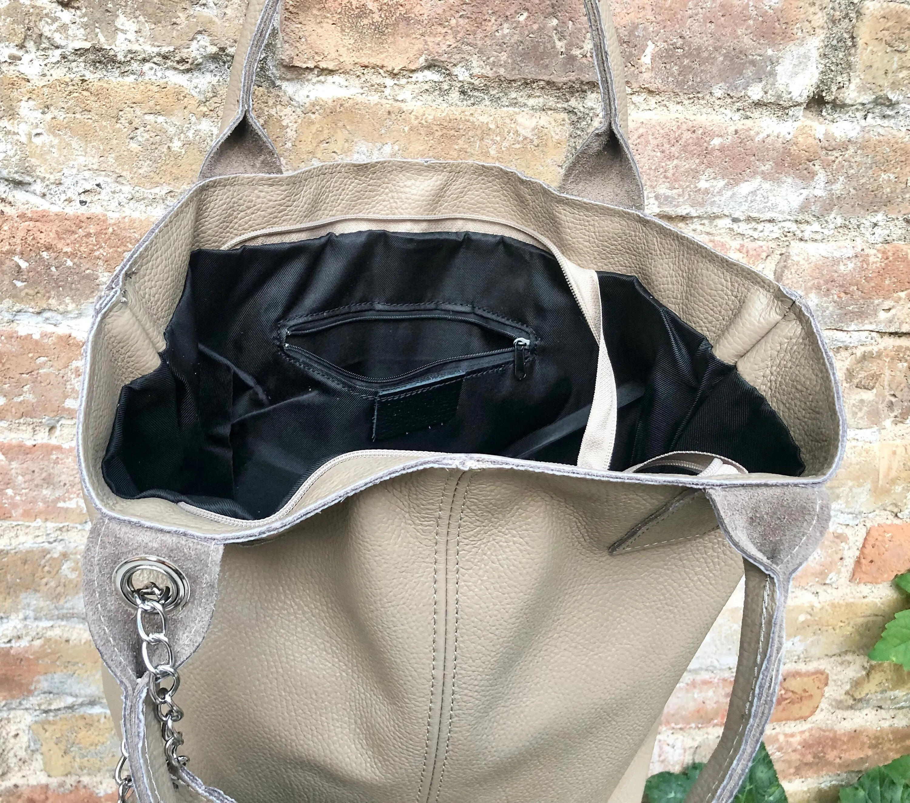 BEIGE tote leather shopper in GENUINE leather. Large carry all tote bag for your laptop, books. Leather shopper w/  lining   zipper