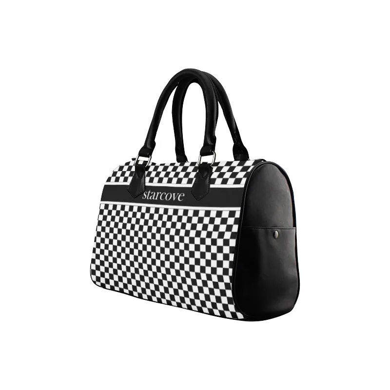 Black and White Handbag, Checkered Racing Flag Checkerboard Print Canvas and Leather Barrel Type Designer Top Handle Purse
