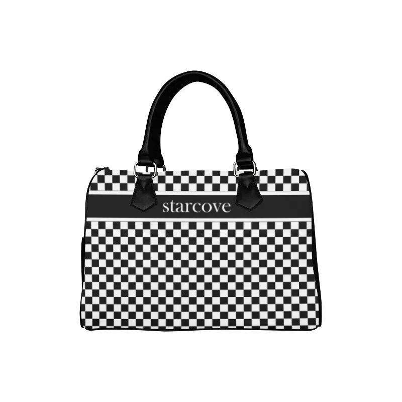 Black and White Handbag, Checkered Racing Flag Checkerboard Print Canvas and Leather Barrel Type Designer Top Handle Purse