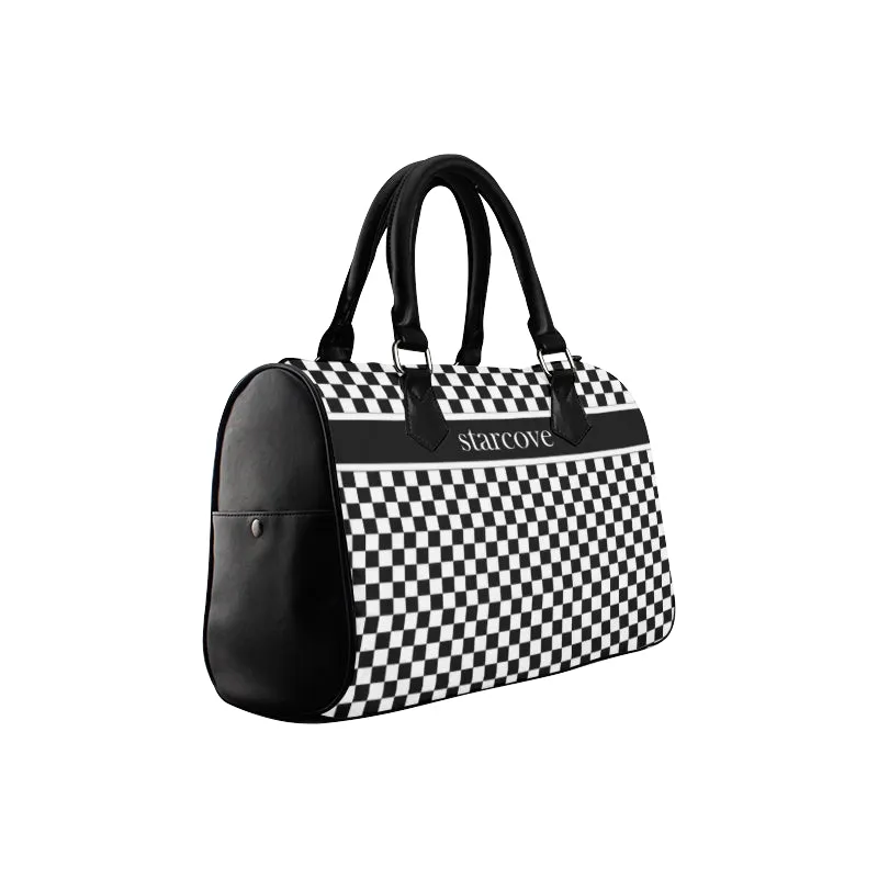 Black and White Handbag, Checkered Racing Flag Checkerboard Print Canvas and Leather Barrel Type Designer Top Handle Purse