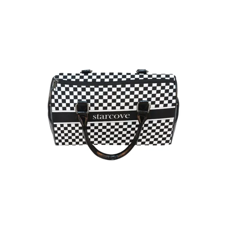 Black and White Handbag, Checkered Racing Flag Checkerboard Print Canvas and Leather Barrel Type Designer Top Handle Purse