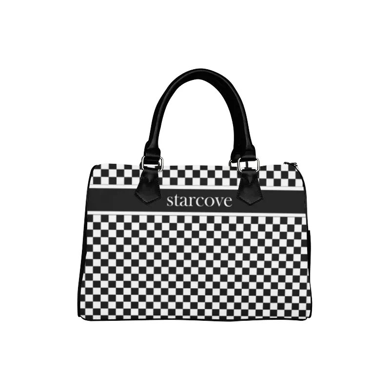 Black and White Handbag, Checkered Racing Flag Checkerboard Print Canvas and Leather Barrel Type Designer Top Handle Purse
