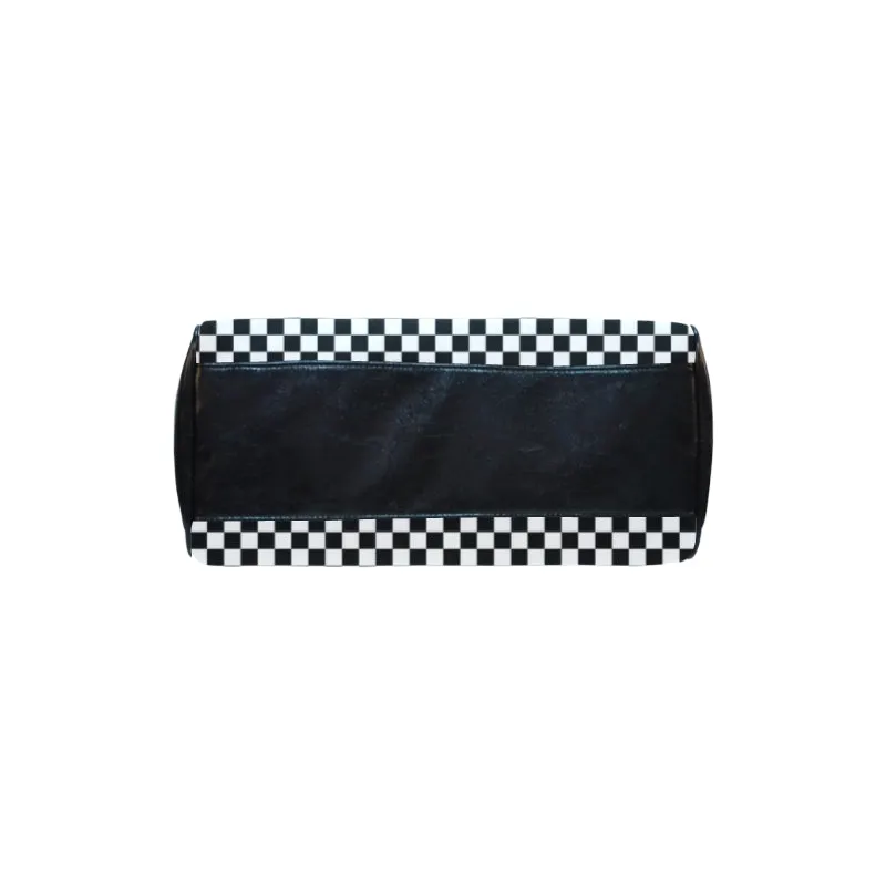 Black and White Handbag, Checkered Racing Flag Checkerboard Print Canvas and Leather Barrel Type Designer Top Handle Purse