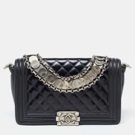 Black Quilted Patent Leather Medium Boy Bag