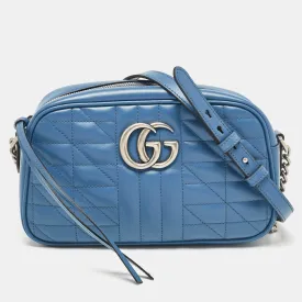 Blue Quilted Leather Small GG Marmont Crossbody Bag
