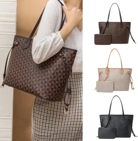BTYAW Women Leather Tote Bag with Wallet Set Triangle Print Satchel Purse&Shoulder Bag Top Handle Handbag Work Travel (2PCS)