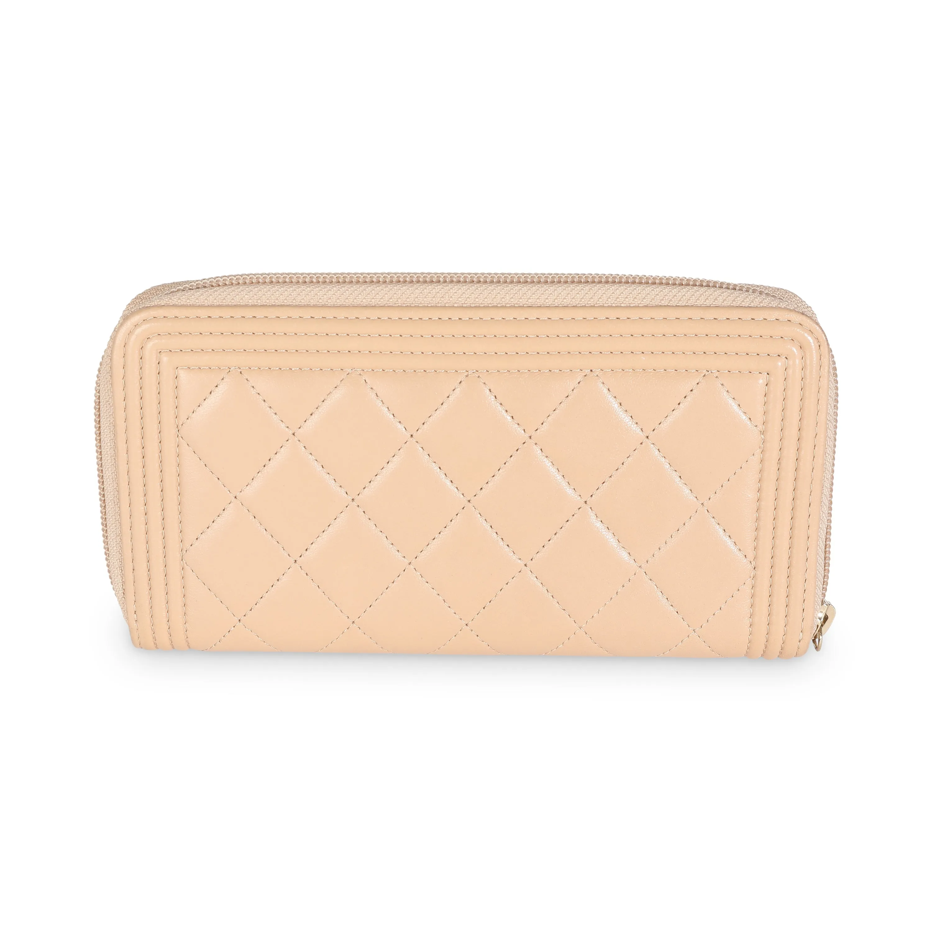 CHANEL Beige Quilted Lambskin Zip Around Boy Wallet