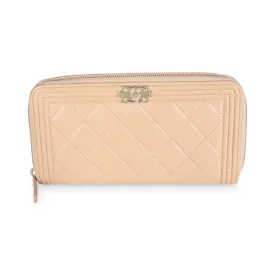 CHANEL Beige Quilted Lambskin Zip Around Boy Wallet
