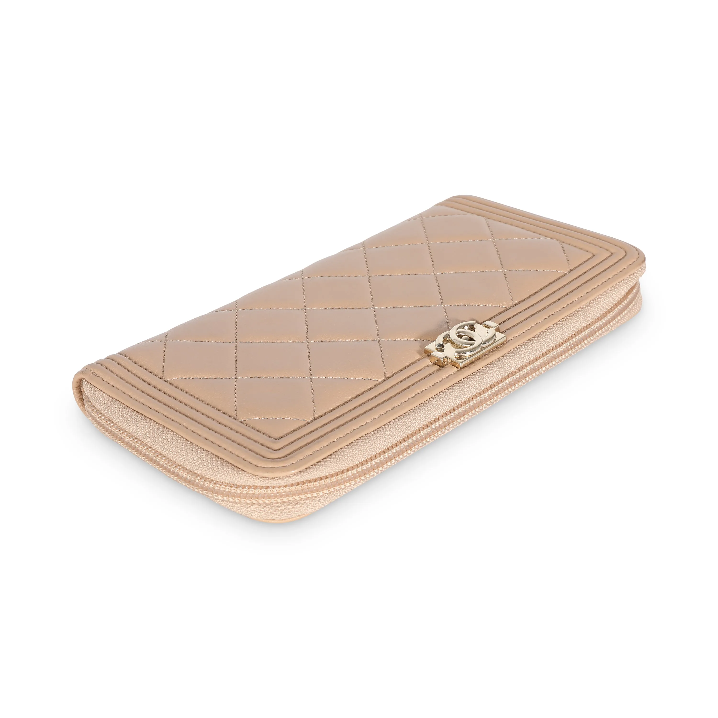 CHANEL Beige Quilted Lambskin Zip Around Boy Wallet