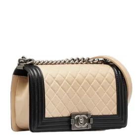 CHANEL Boy Coco Mark Bicolor Chain Shoulder Bag Beige Black Lambskin Ladies