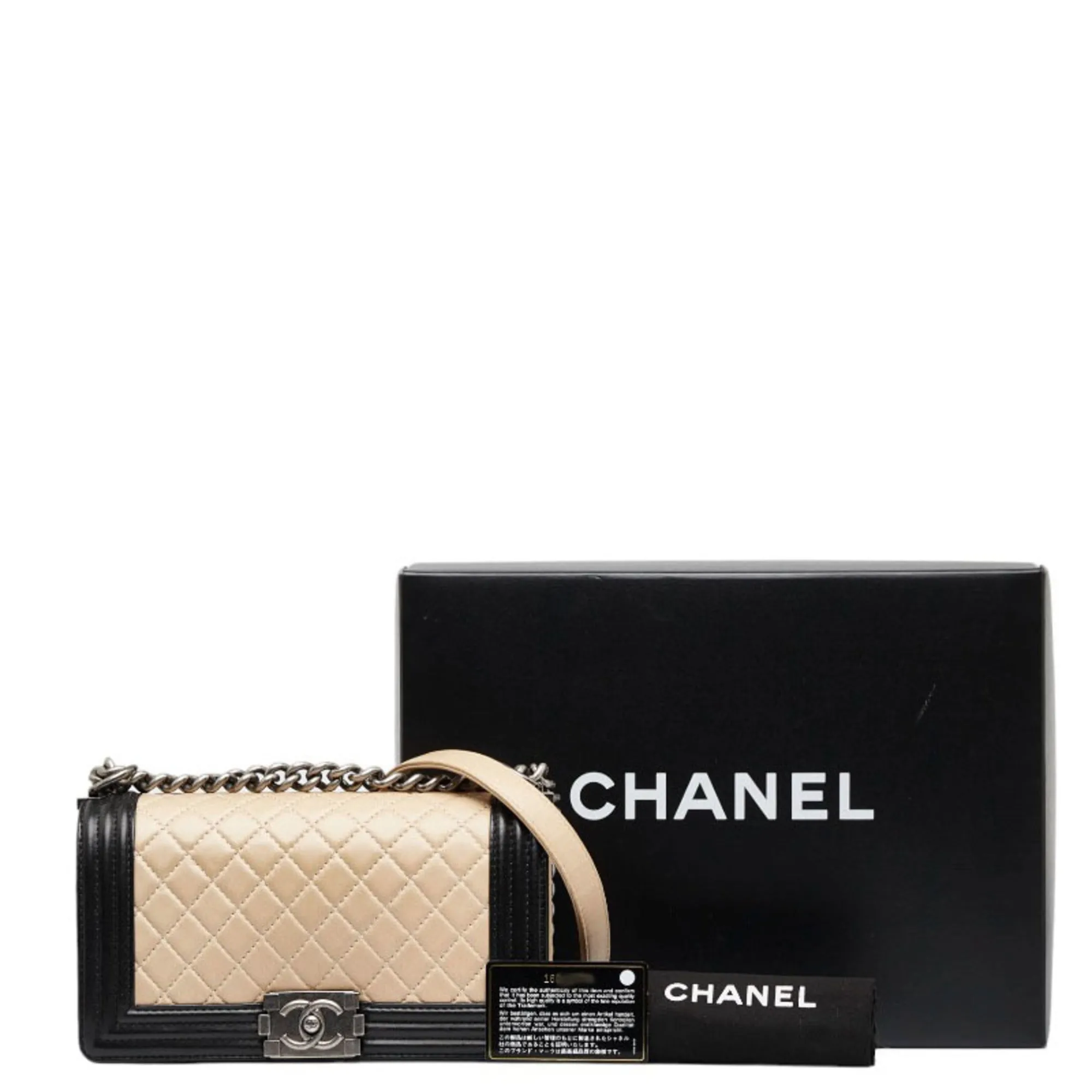 CHANEL Boy Coco Mark Bicolor Chain Shoulder Bag Beige Black Lambskin Ladies