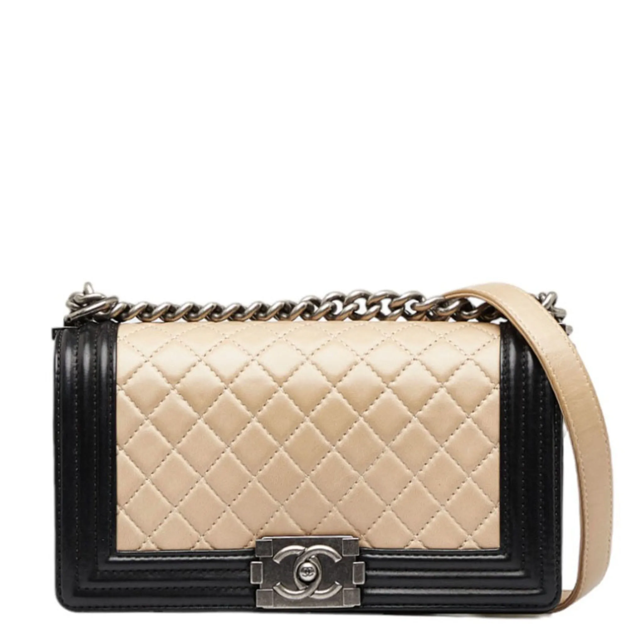 CHANEL Boy Coco Mark Bicolor Chain Shoulder Bag Beige Black Lambskin Ladies