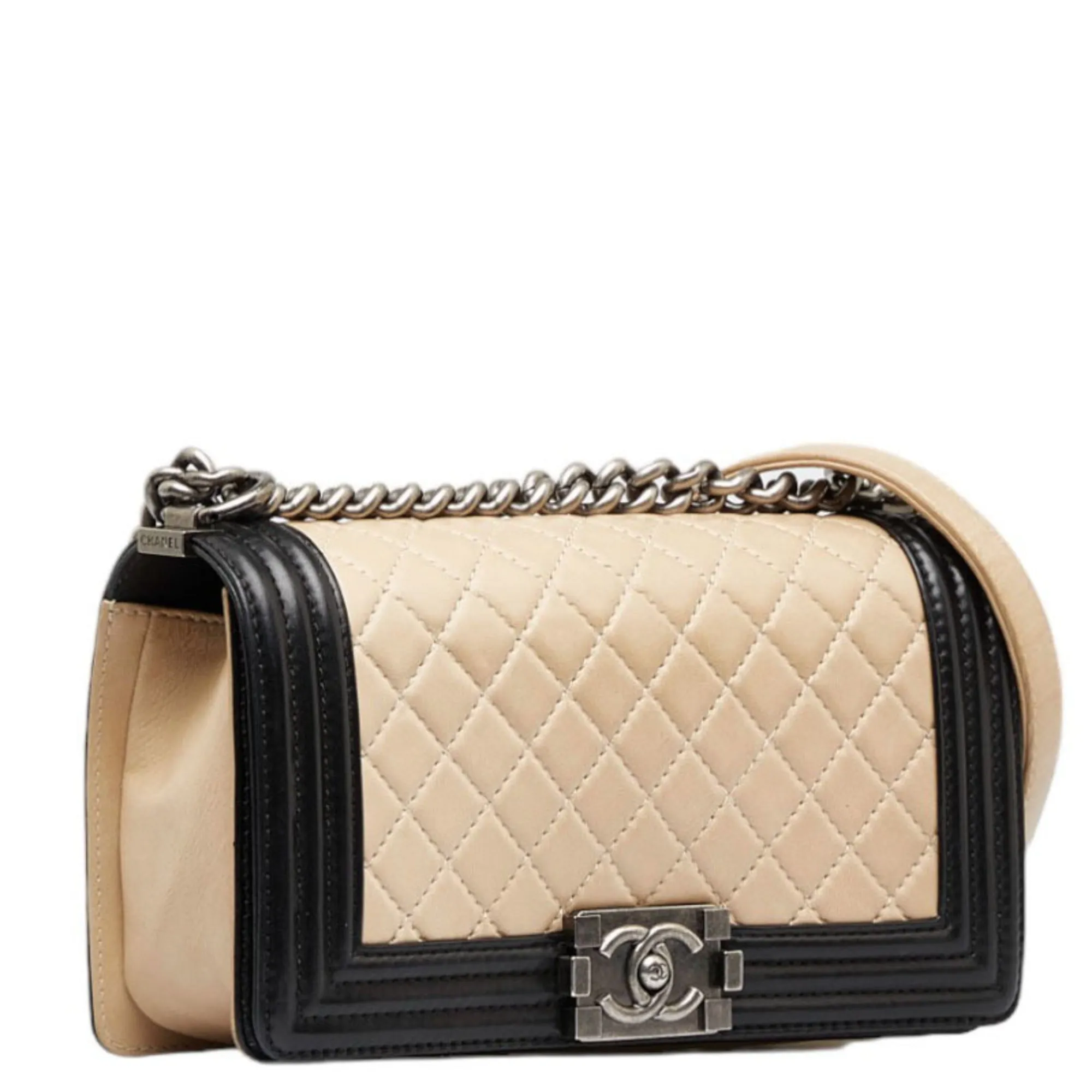 CHANEL Boy Coco Mark Bicolor Chain Shoulder Bag Beige Black Lambskin Ladies