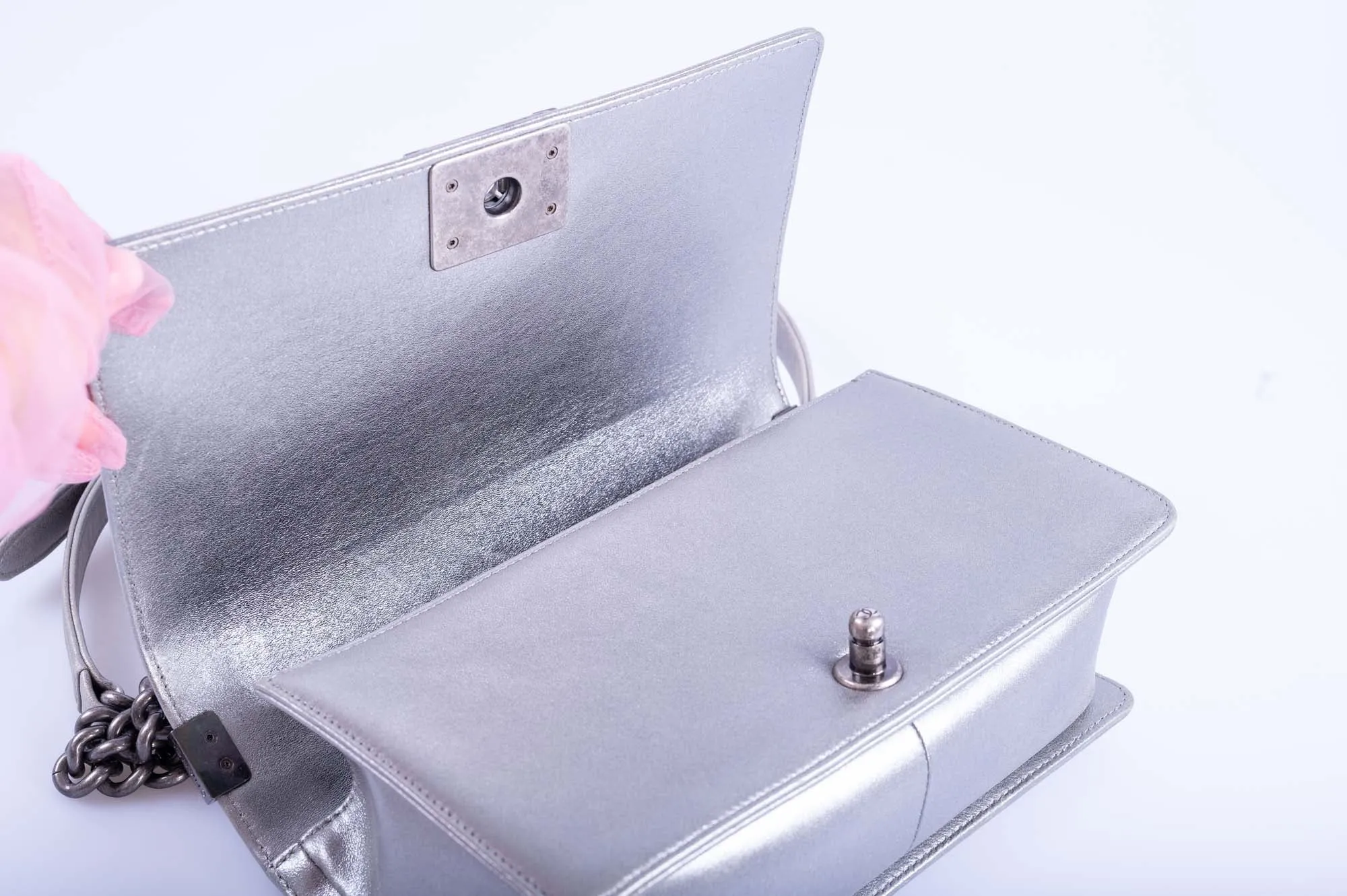 Chanel Medium Boy Flapbag Metallic Silver with Swarovski Crystals