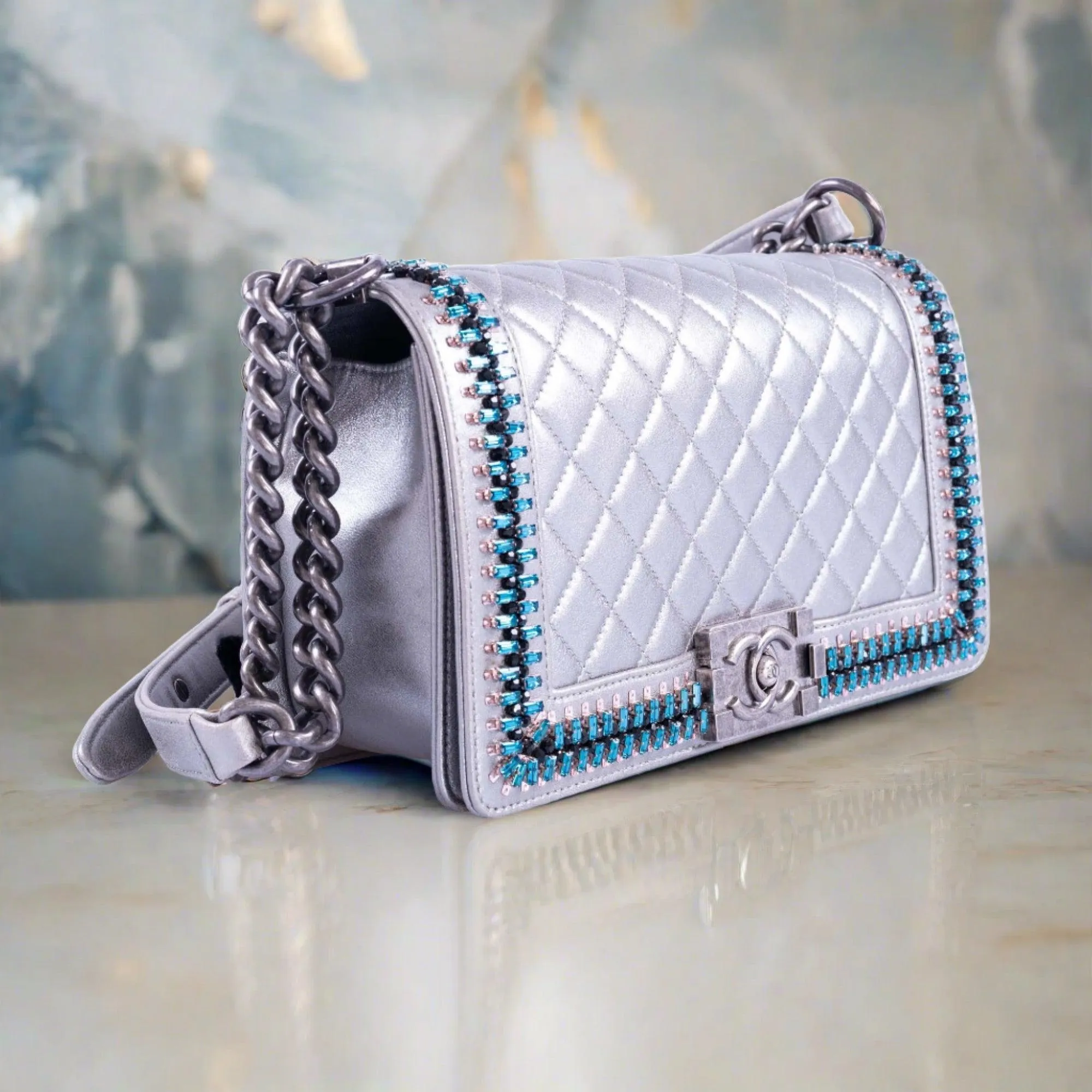 Chanel Medium Boy Flapbag Metallic Silver with Swarovski Crystals