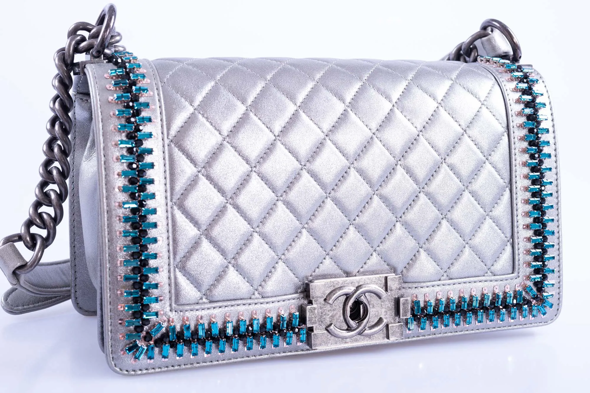 Chanel Medium Boy Flapbag Metallic Silver with Swarovski Crystals