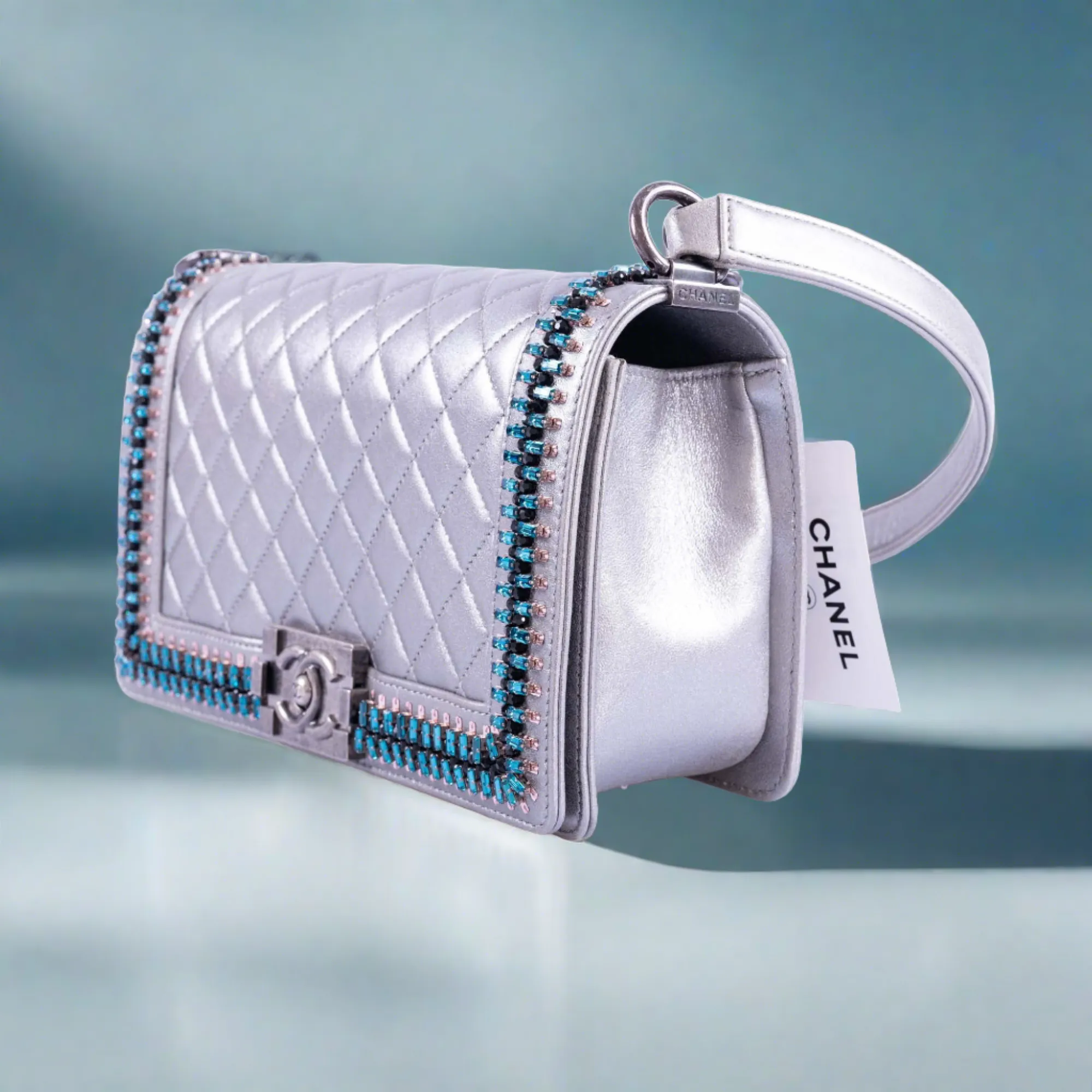 Chanel Medium Boy Flapbag Metallic Silver with Swarovski Crystals