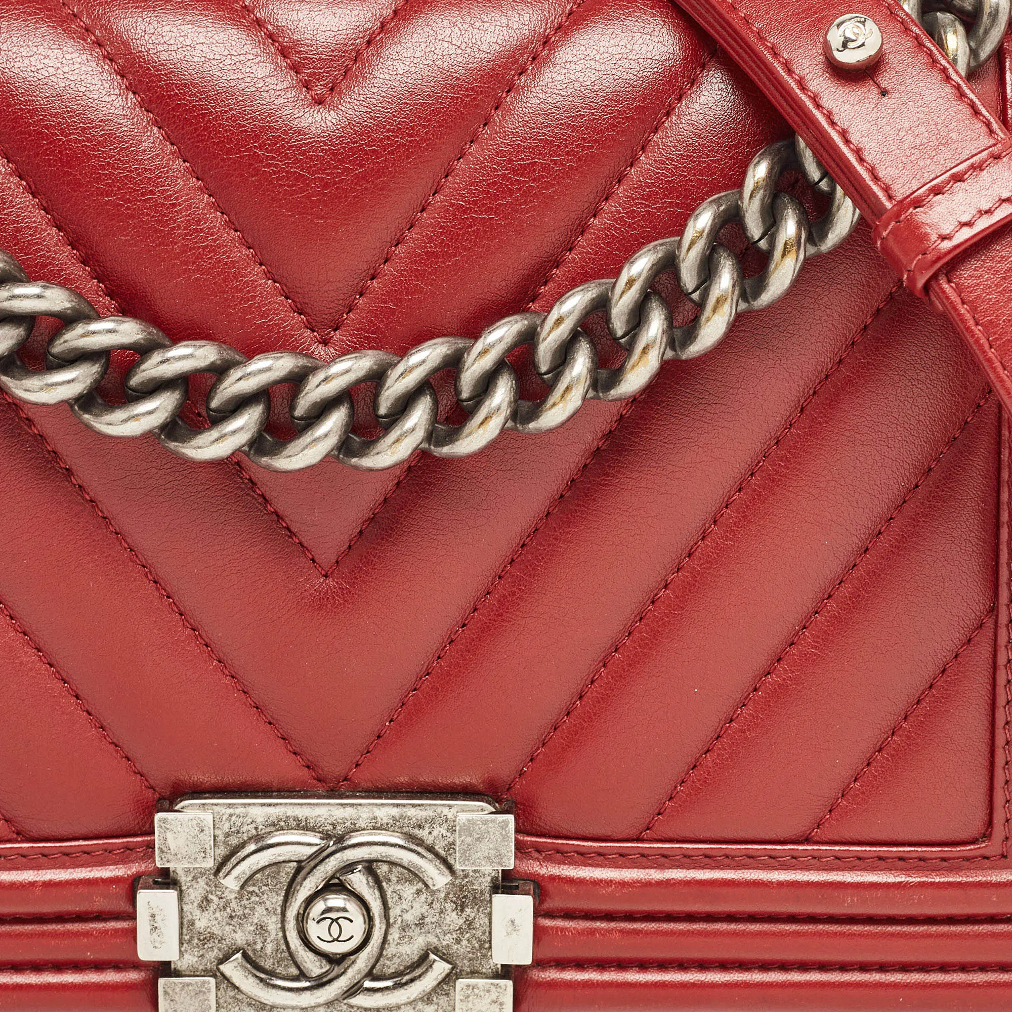 CHANEL Red Chevron Leather Medium Boy Bag