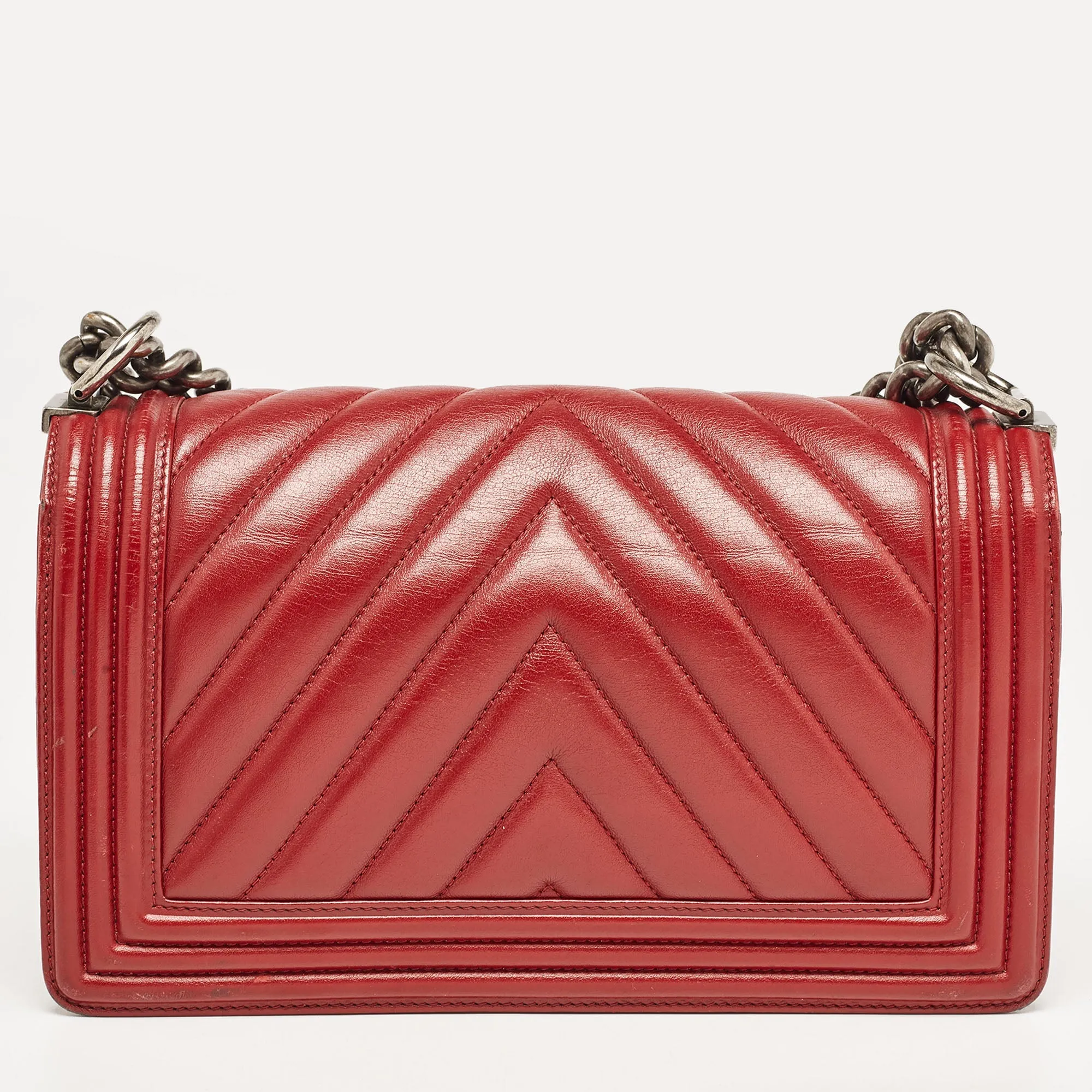CHANEL Red Chevron Leather Medium Boy Bag