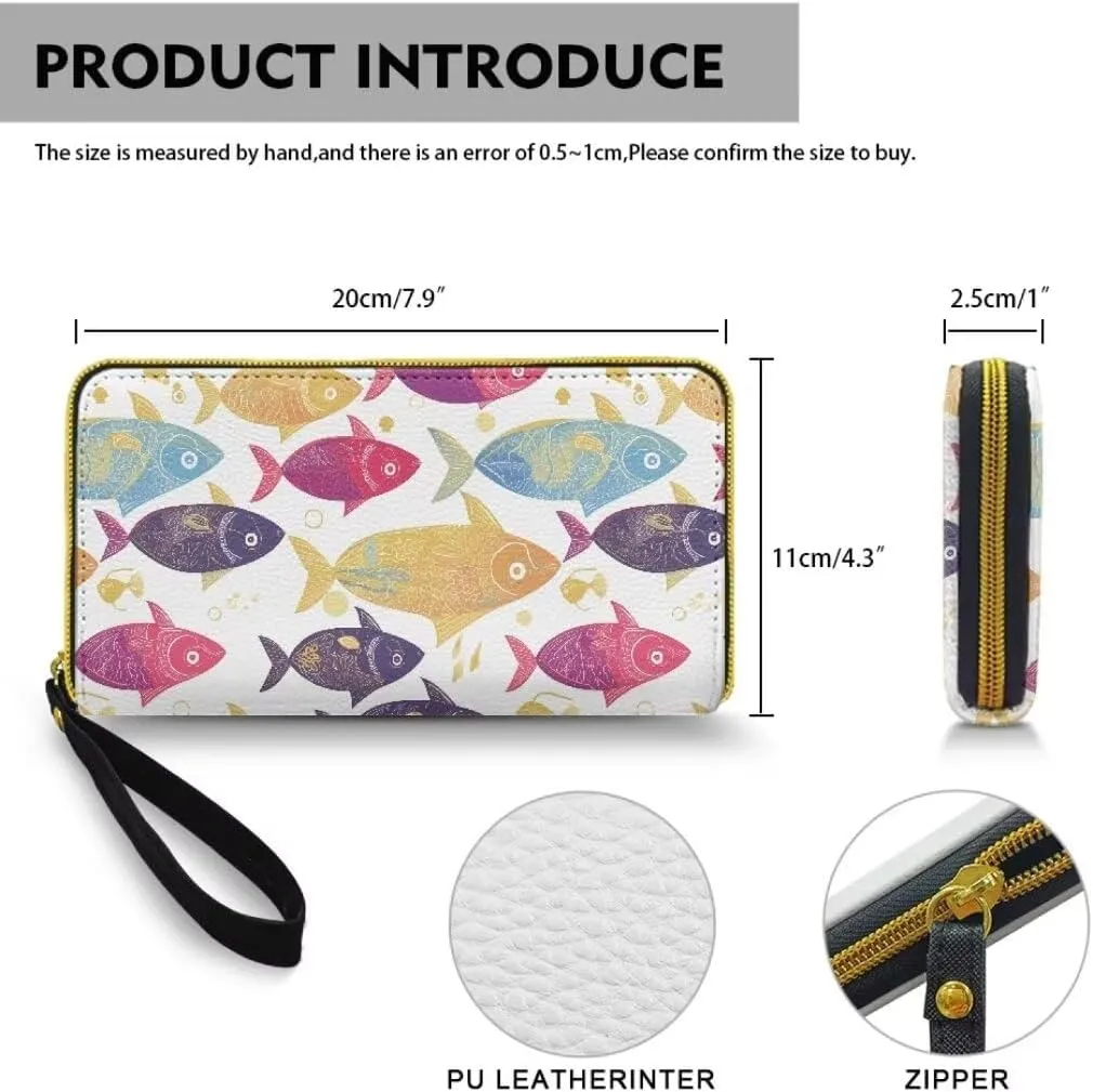 Colorful Fishes PU Leather Ladies Wallet Wristlet Hawaiian Tribal Ocean Fish Print Zip Around Wallets for Women, Black Large Capacity Card Holder Organizer