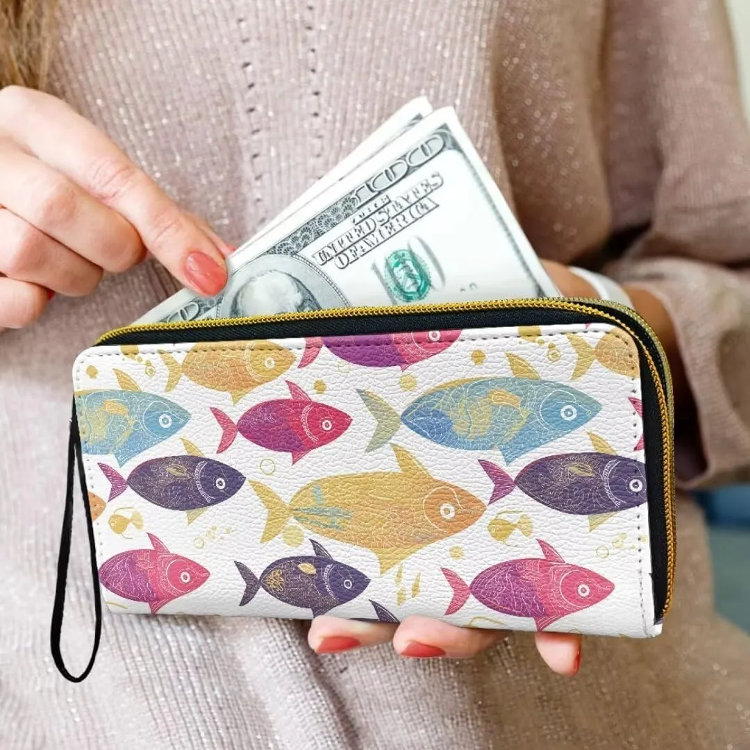 Colorful Fishes PU Leather Ladies Wallet Wristlet Hawaiian Tribal Ocean Fish Print Zip Around Wallets for Women, Black Large Capacity Card Holder Organizer