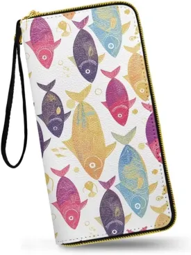 Colorful Fishes PU Leather Ladies Wallet Wristlet Hawaiian Tribal Ocean Fish Print Zip Around Wallets for Women, Black Large Capacity Card Holder Organizer