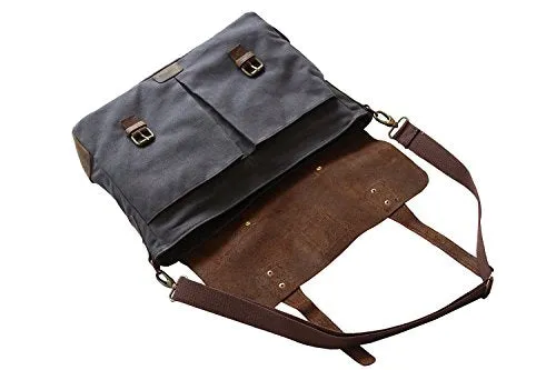 Devil Hunter Genuine Leather Vintage 18" Laptop Canvas Messenger Satchel Briefcase Bag Grey