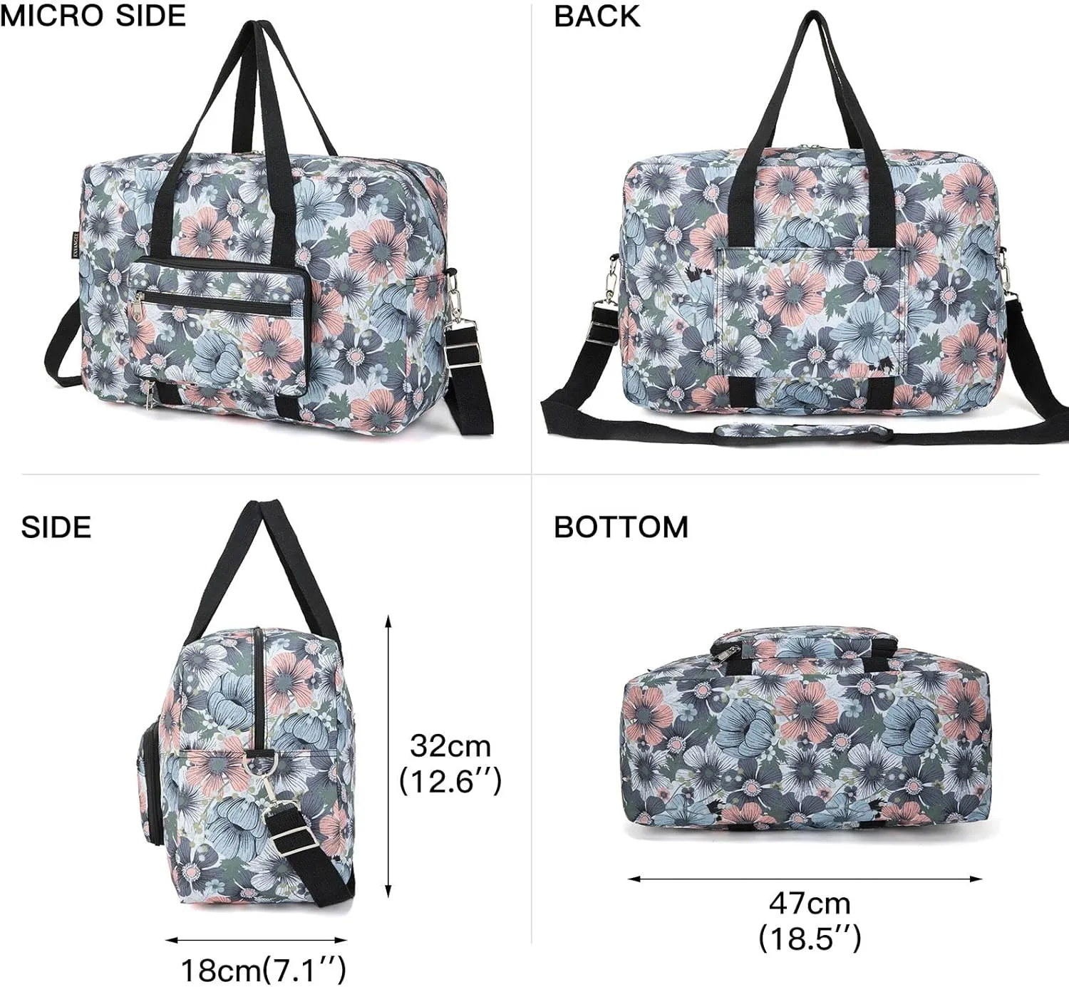 Foldable Travel Duffel Bag, Medium Women's Weekender and Overnight bag carry on Luggage bag for Women(Blue Flower)