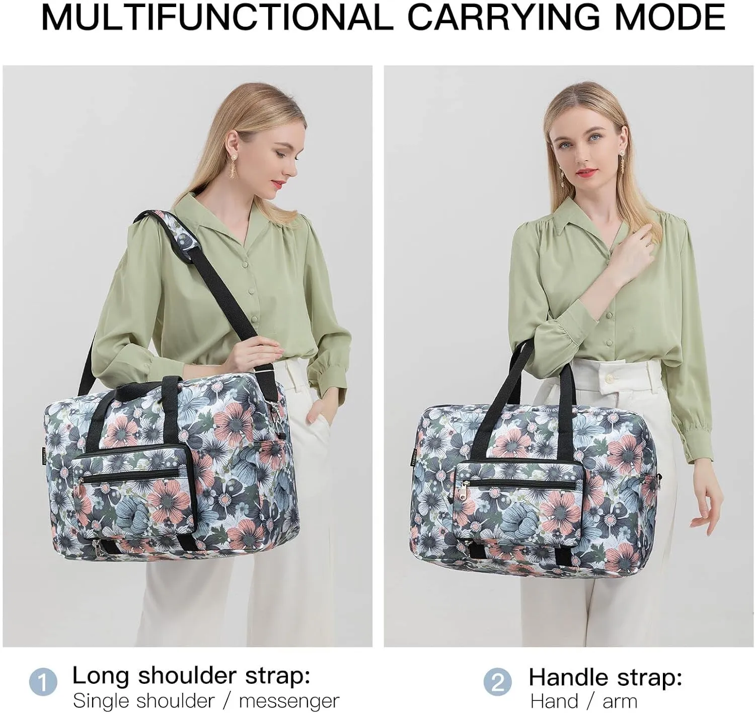 Foldable Travel Duffel Bag, Medium Women's Weekender and Overnight bag carry on Luggage bag for Women(Blue Flower)