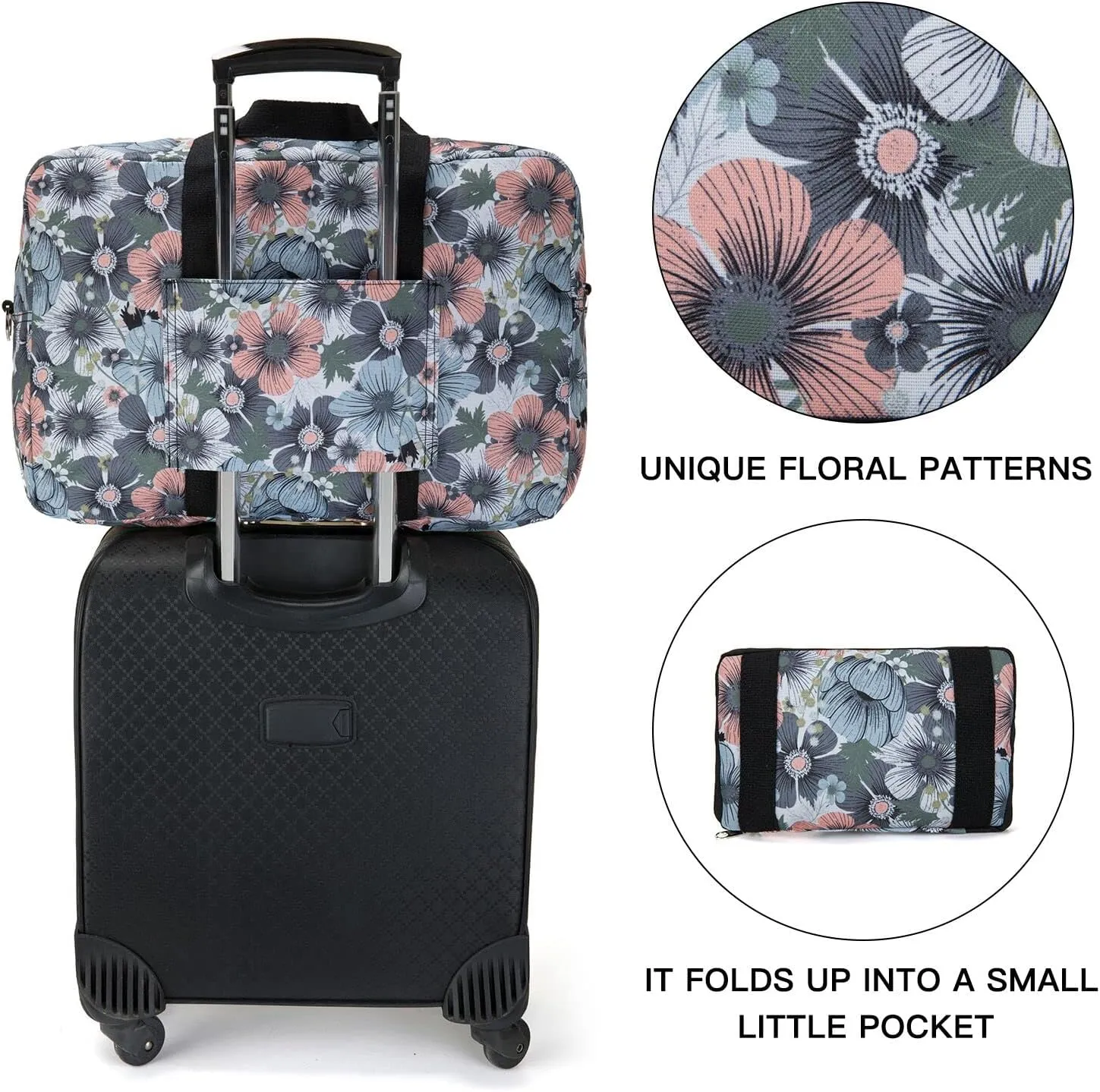 Foldable Travel Duffel Bag, Medium Women's Weekender and Overnight bag carry on Luggage bag for Women(Blue Flower)