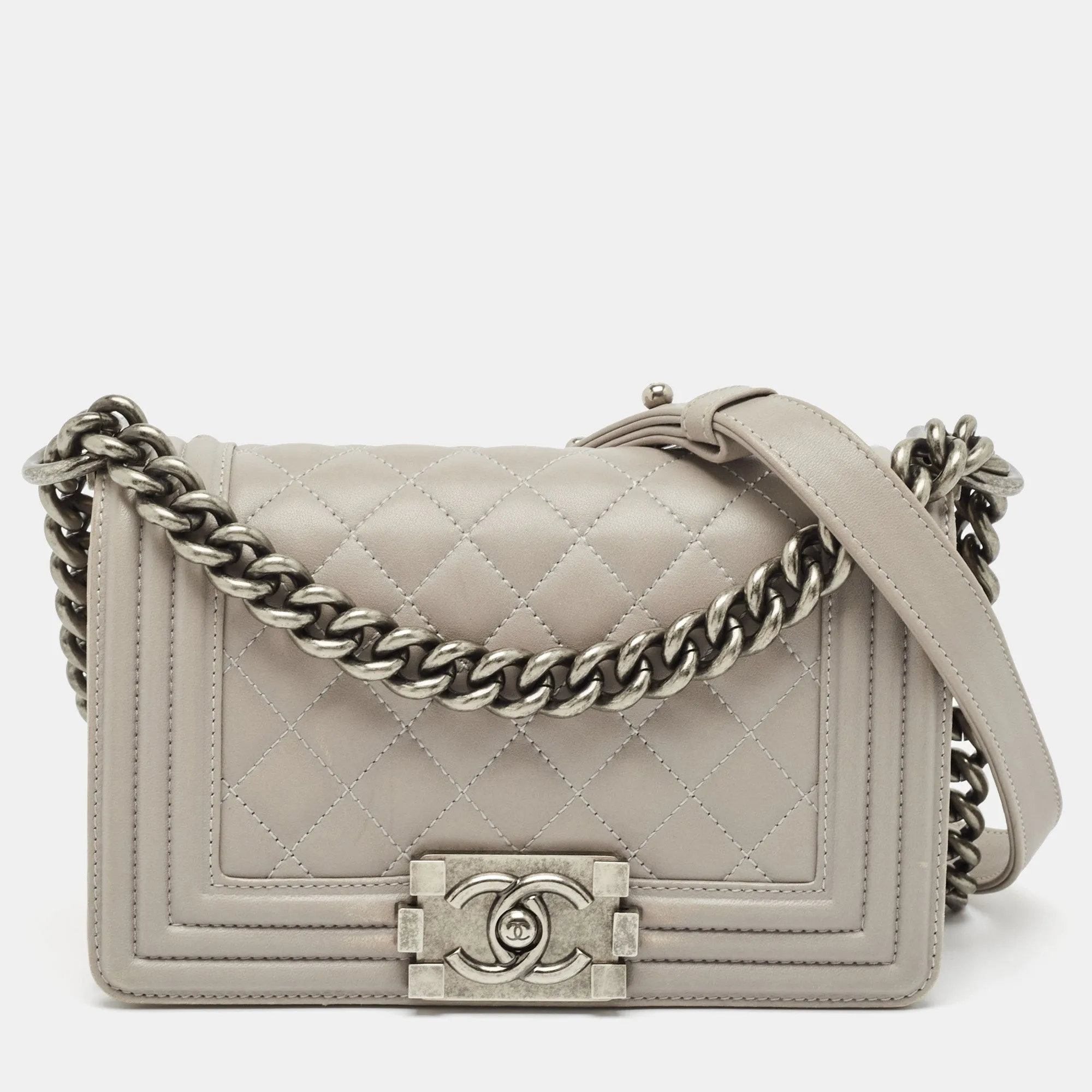 Grey Quilted Leather Small Boy Flap Bag