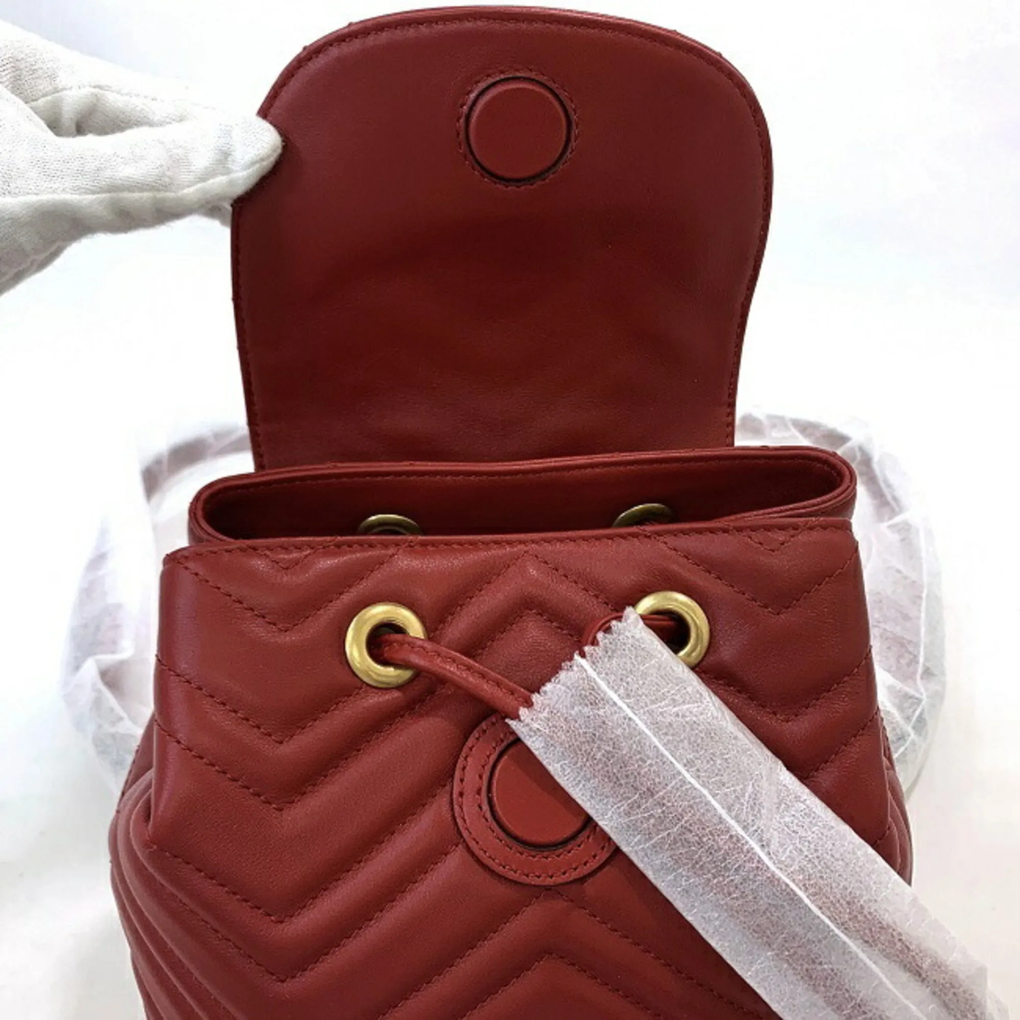 Gucci Backpack Red Gold Marmont 528129 Flap Leather GUCCI GG Quilting Chain Women's Double G