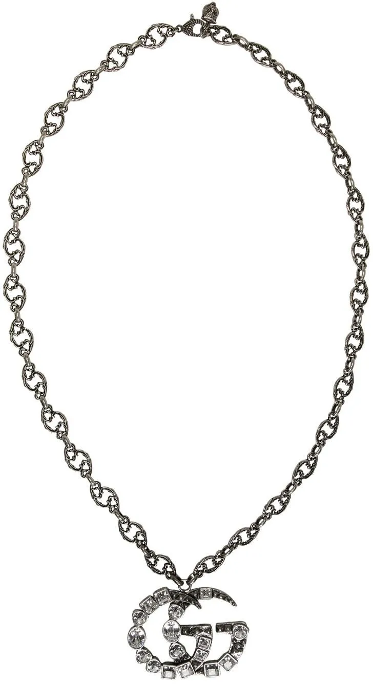 GUCCI GG Crystal Marmont Necklace Aged Silver
