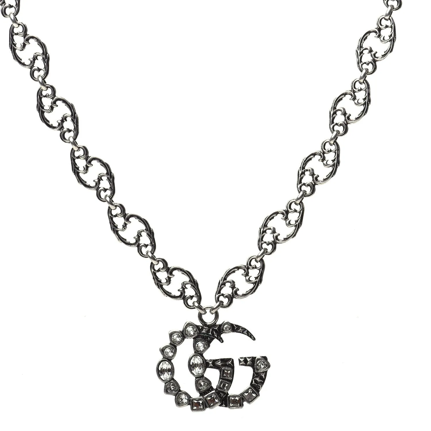GUCCI GG Crystal Marmont Necklace Aged Silver