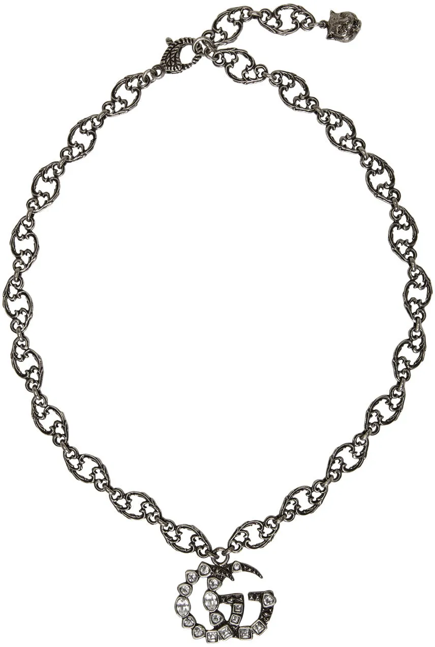 GUCCI GG Crystal Marmont Necklace Aged Silver