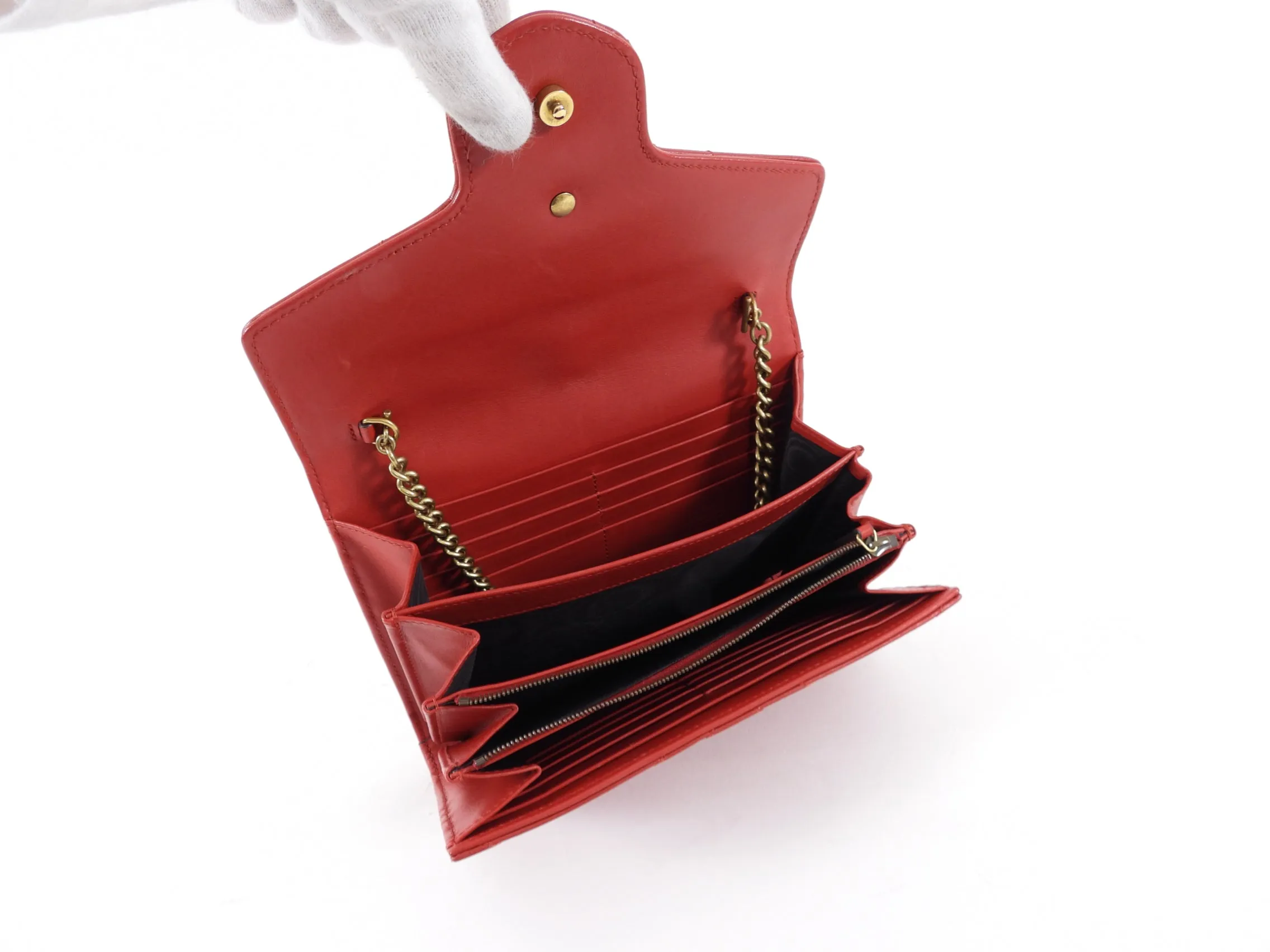 Gucci Red Marmont Matelasse GG Logo Wallet On Chain Crossbody Bag