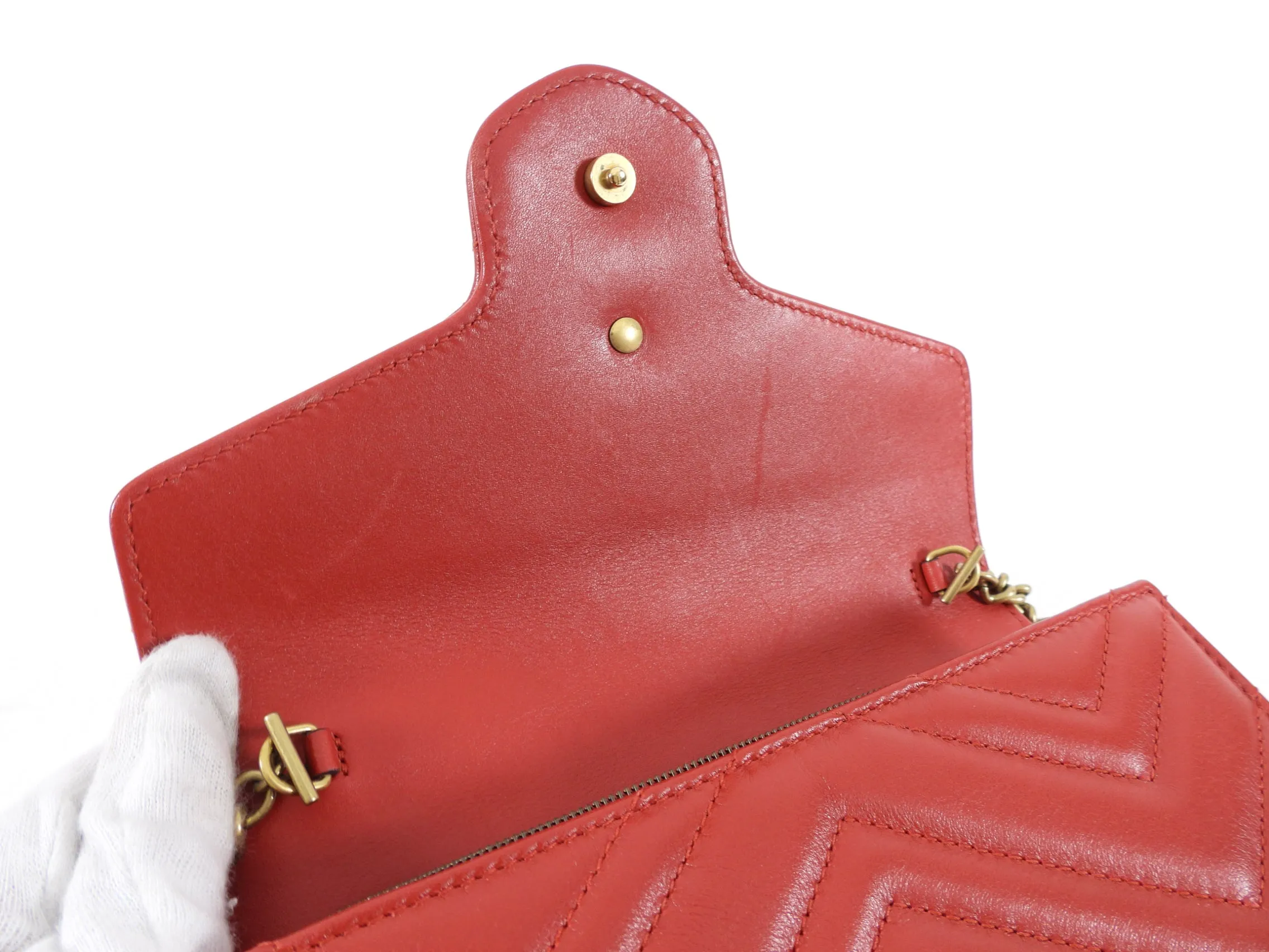 Gucci Red Marmont Matelasse GG Logo Wallet On Chain Crossbody Bag