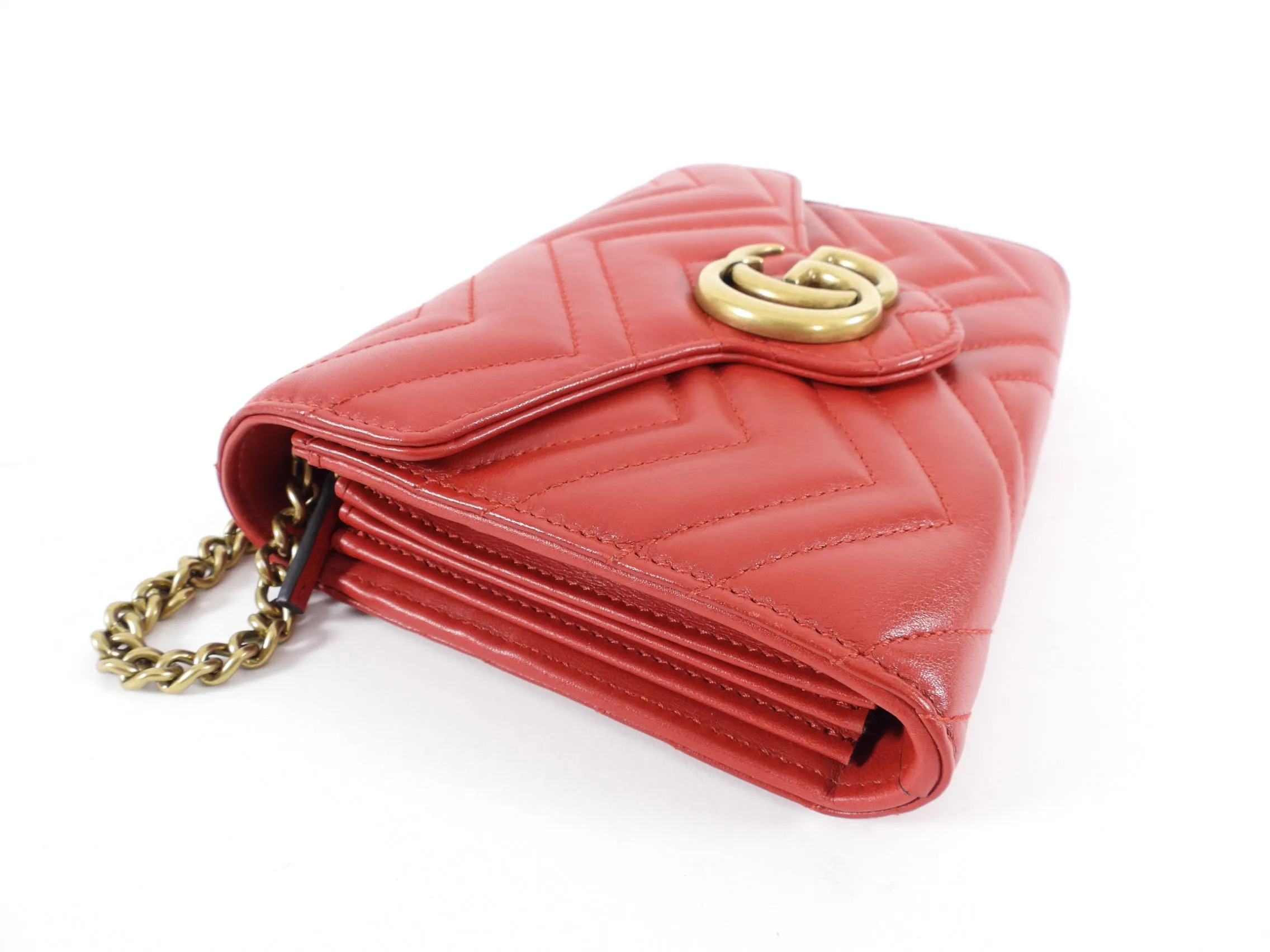 Gucci Red Marmont Matelasse GG Logo Wallet On Chain Crossbody Bag