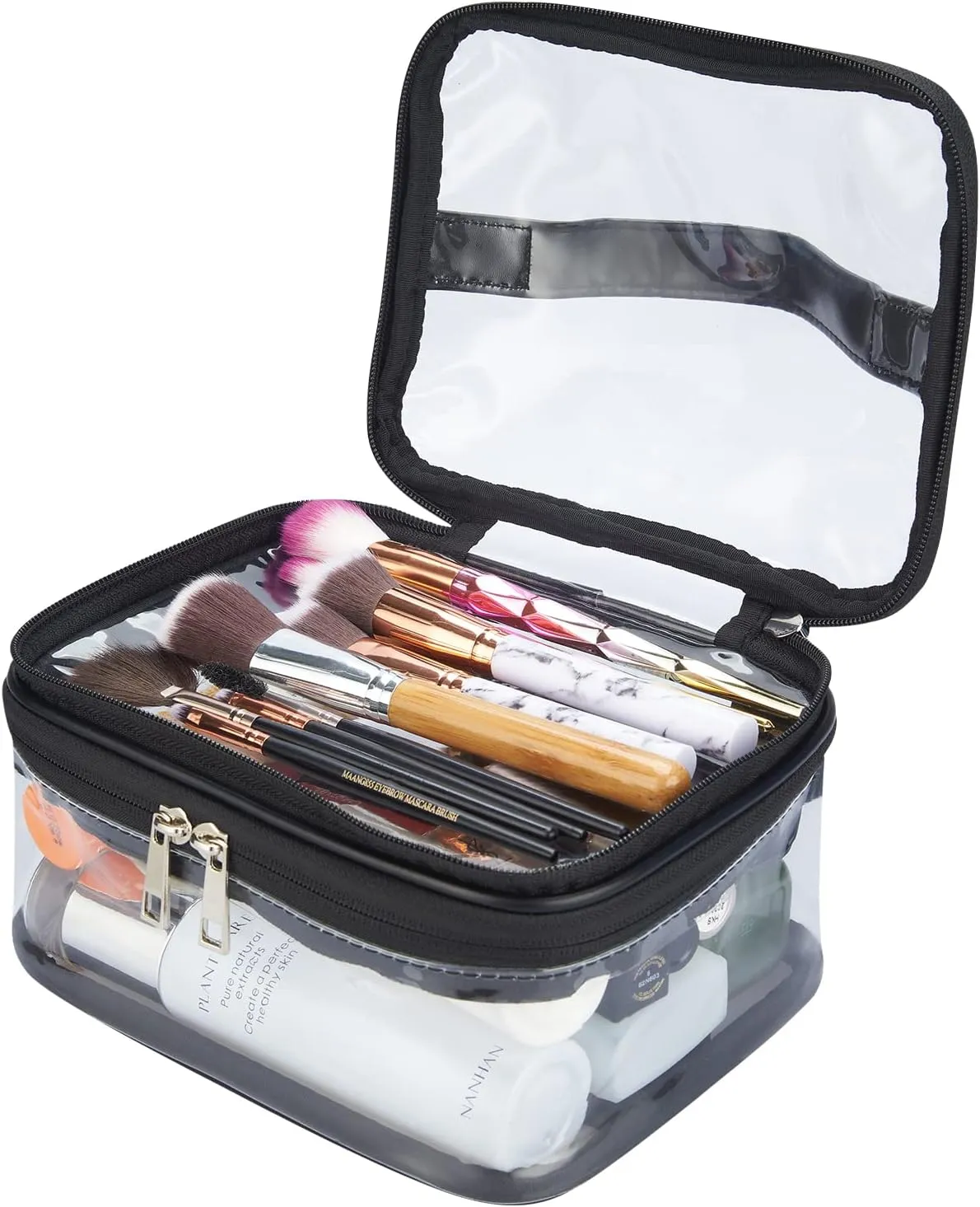 HAOGUAGUA Double Layer Clear Cosmetic Bag Makeup Bag, Waterproof Travel Toiletry Bag, Transparent PVC Hair & Nail Accessories Pouch Beach Bag Organizer (Black)