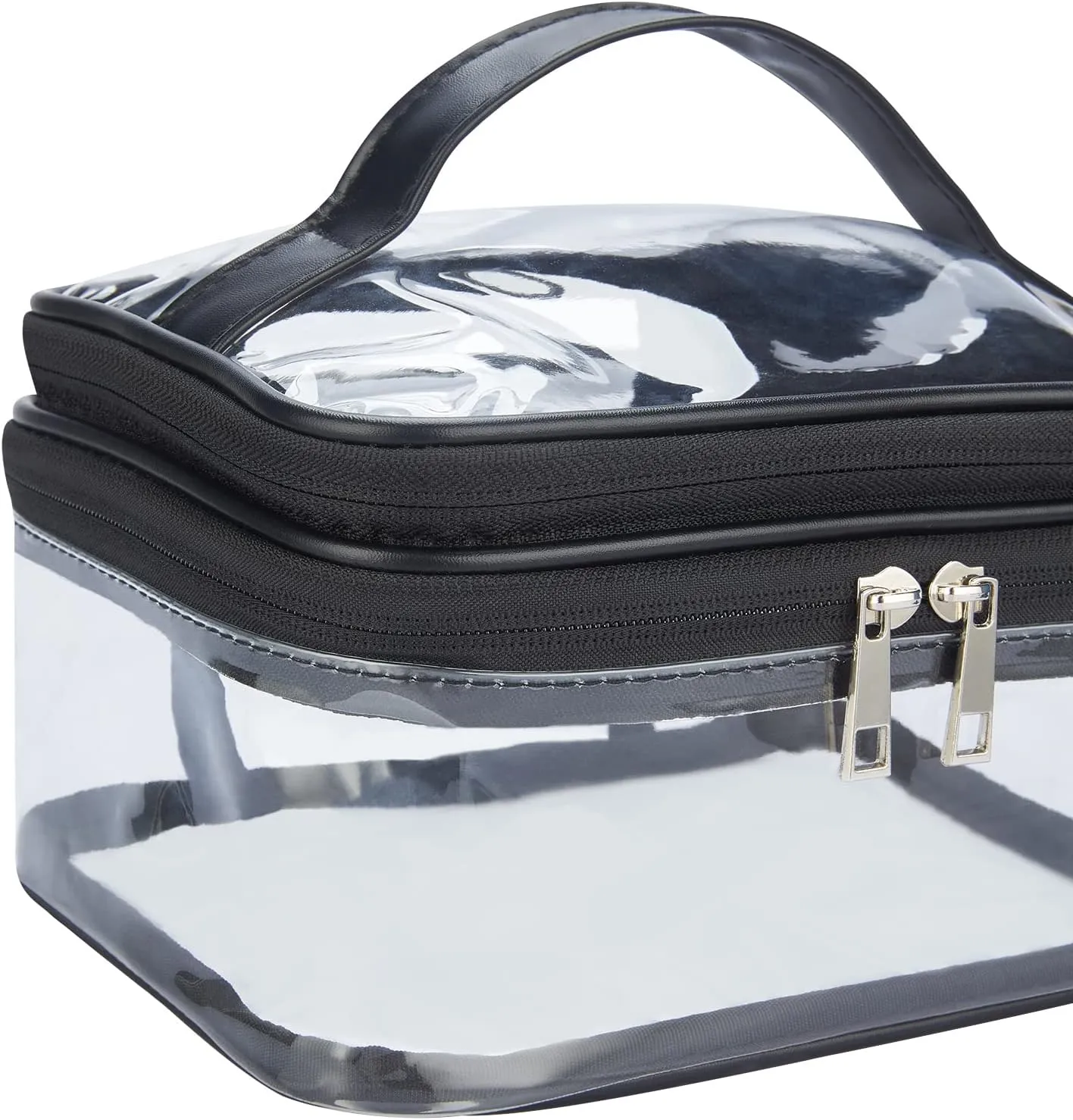 HAOGUAGUA Double Layer Clear Cosmetic Bag Makeup Bag, Waterproof Travel Toiletry Bag, Transparent PVC Hair & Nail Accessories Pouch Beach Bag Organizer (Black)