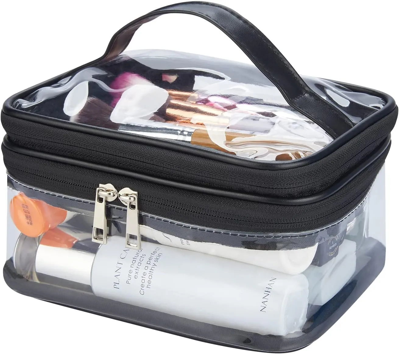 HAOGUAGUA Double Layer Clear Cosmetic Bag Makeup Bag, Waterproof Travel Toiletry Bag, Transparent PVC Hair & Nail Accessories Pouch Beach Bag Organizer (Black)