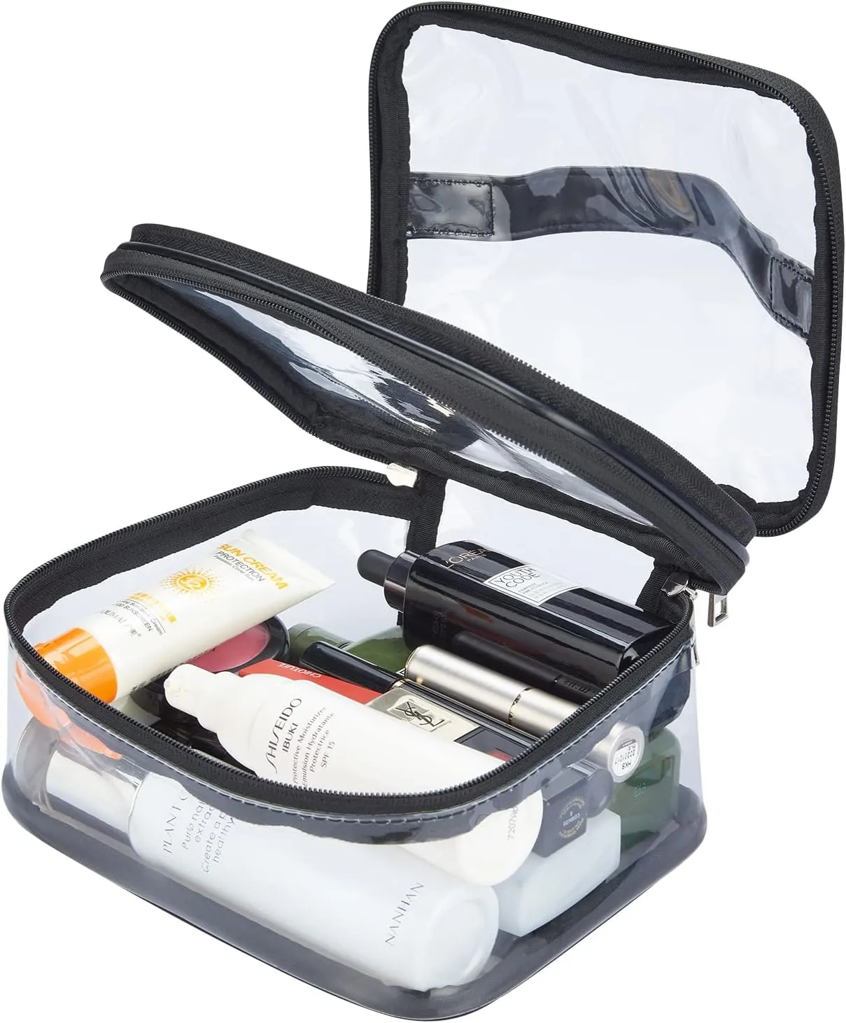HAOGUAGUA Double Layer Clear Cosmetic Bag Makeup Bag, Waterproof Travel Toiletry Bag, Transparent PVC Hair & Nail Accessories Pouch Beach Bag Organizer (Black)