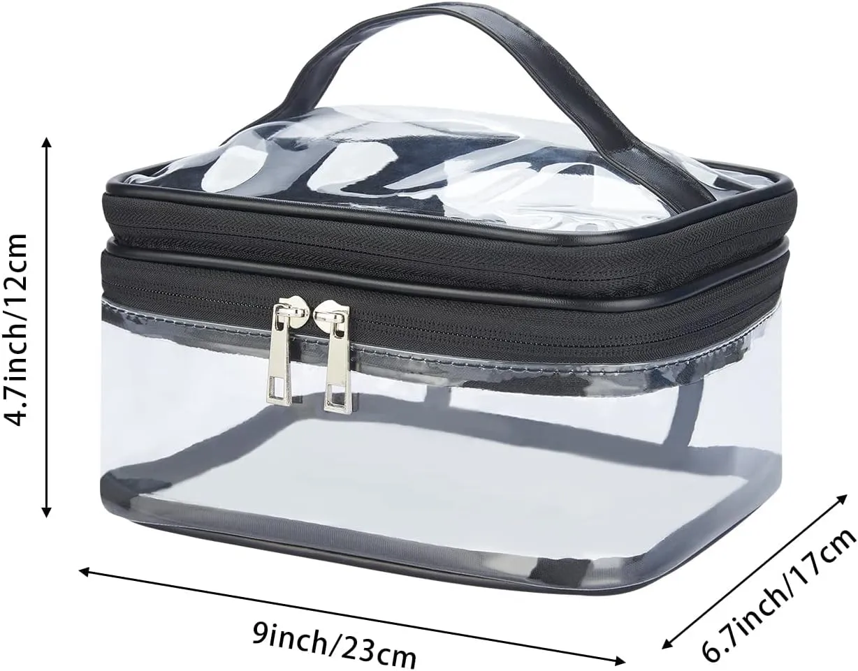 HAOGUAGUA Double Layer Clear Cosmetic Bag Makeup Bag, Waterproof Travel Toiletry Bag, Transparent PVC Hair & Nail Accessories Pouch Beach Bag Organizer (Black)